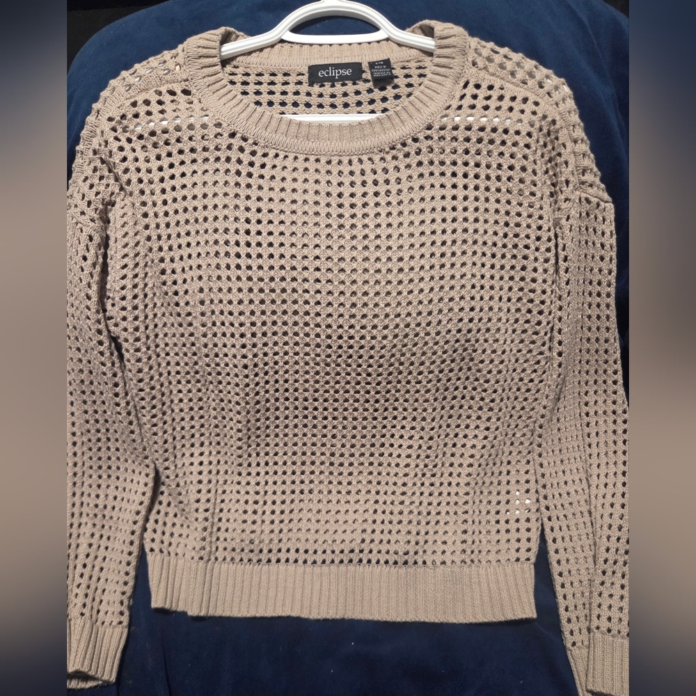Eclipse Beige Open-Knit Crewneck Sweater